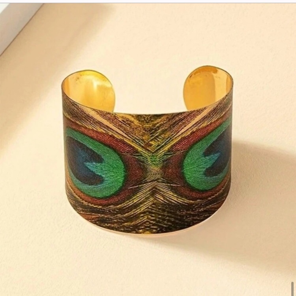 Gold Tone Peacock Print Cuff Bracelet - Picture 2 of 6